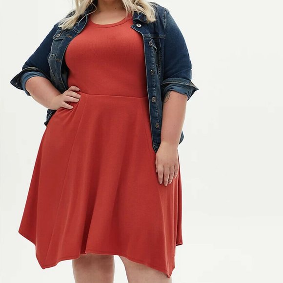 New Torrid Red Terracotta Rib Handkerchief Skater Dress - Picture 5 of 6